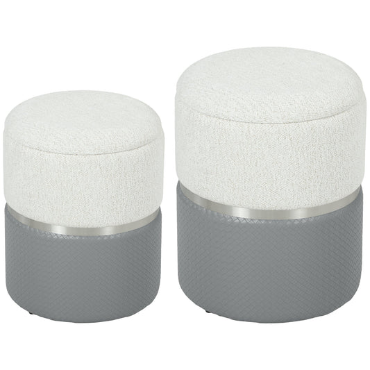 HOMCOM Nesting Round Ottoman with Storage Set of 2 - Cream/Grey