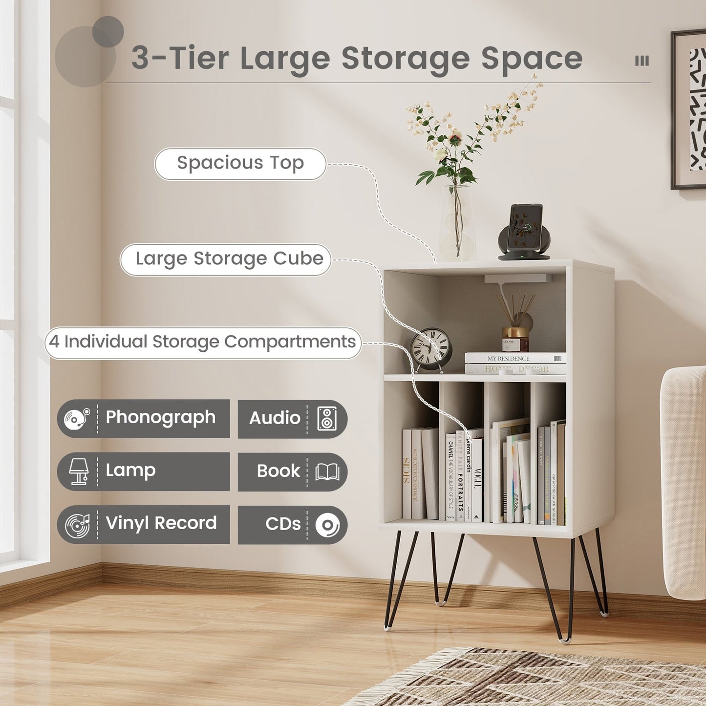 3-Tier Record Player Stand with Charging Station Shelf and 4 Dividers-White