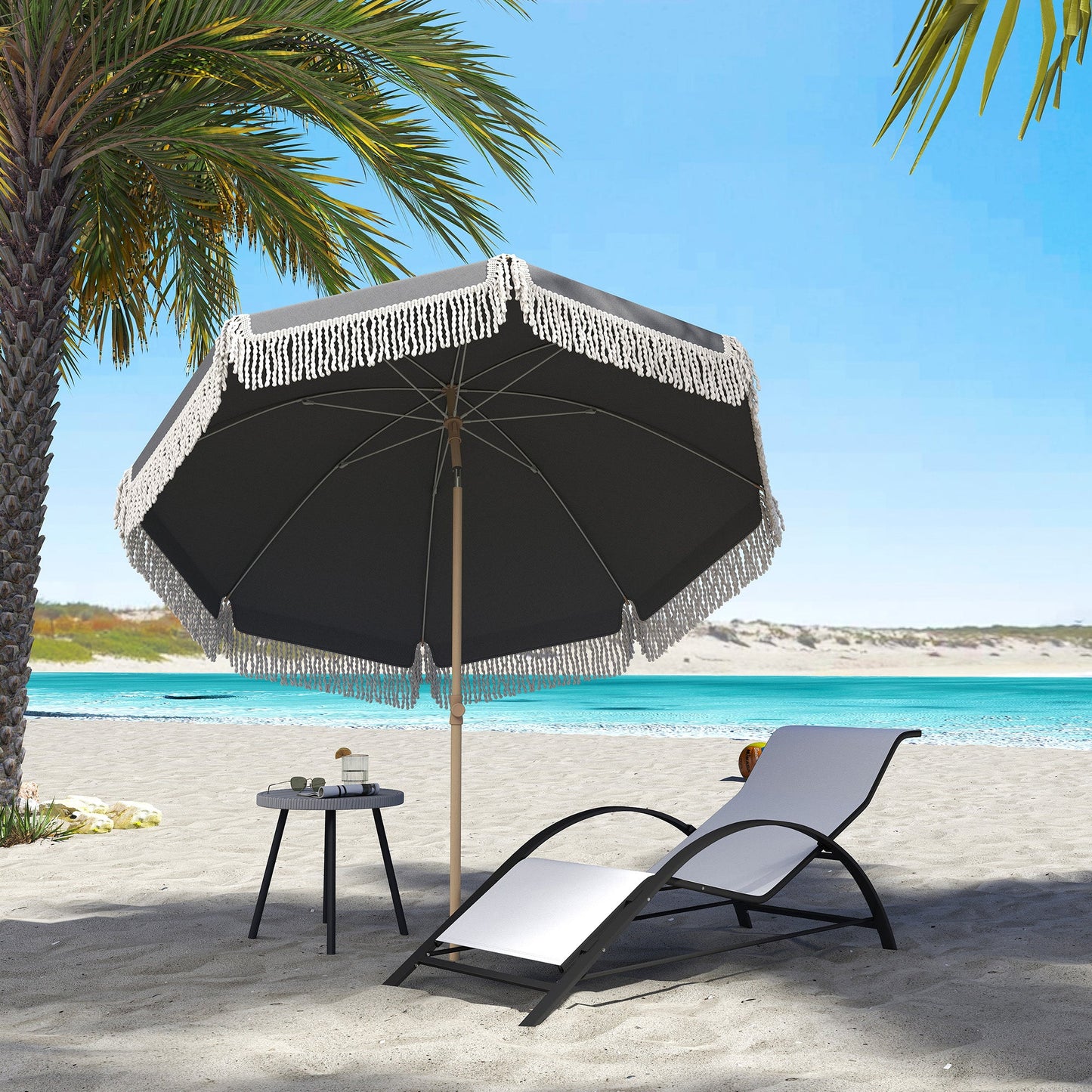 Outsunny 1.7 m Beach Umbrella with Sand Anchor, 30Â° Tilting Fringed Beach Garden Parasol with Adjustable Height, Grey