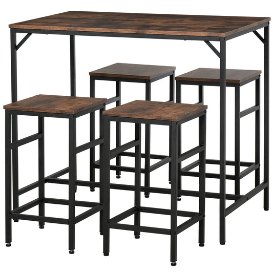 HOMCOM 5-Piece Breakfast Bar Table and Stools Set, Kitchen Bar Table Set with High Table and 4 Stools, Space Saving Compact Dining Furniture for Small Spaces, Rustic Brown