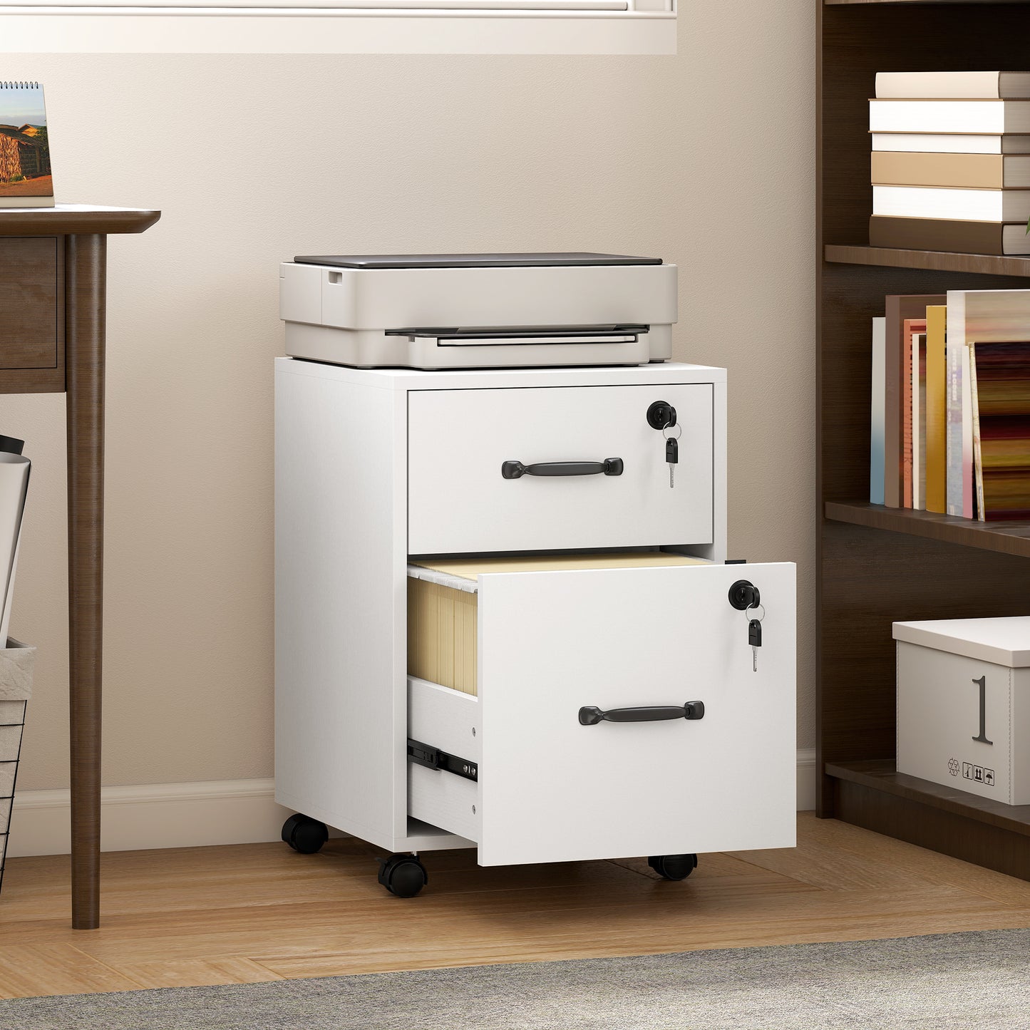 HOMCOM Rolling File Cabinet with 2 Drawers, Mobile Filing Cabinet with Hanging File Folder for Letter Sized Documents, White