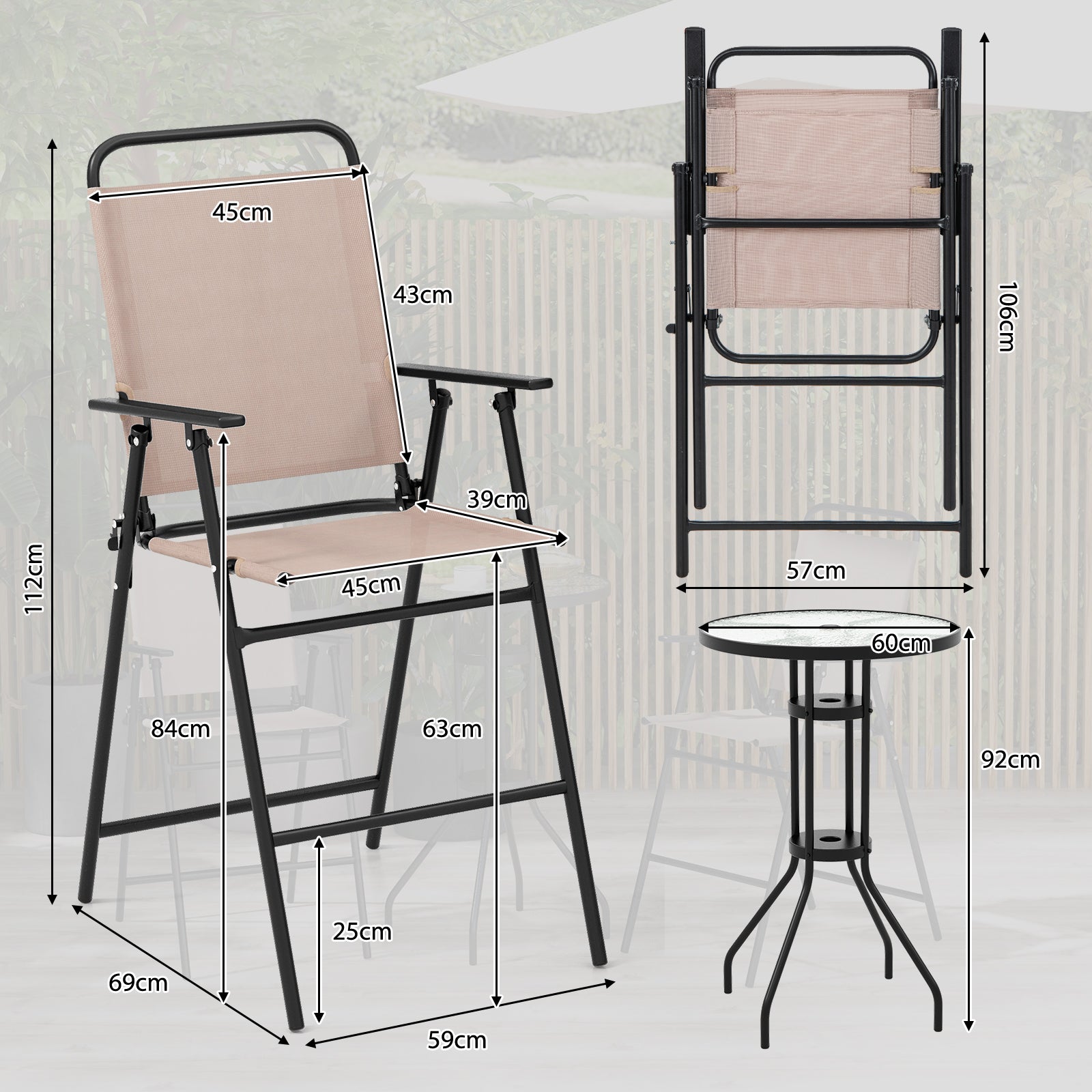 3 PCS Outdoor Bistro Set Patio Bar Table with 2 Folding Chairs-Beige