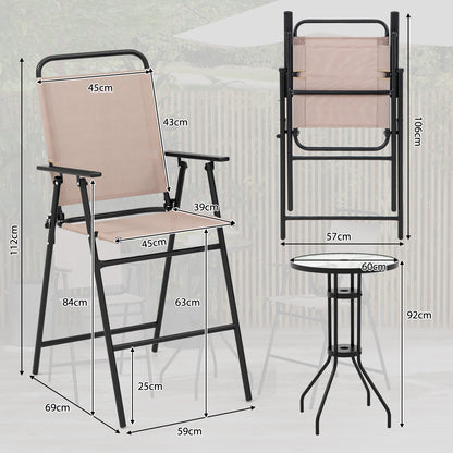 3 PCS Outdoor Bistro Set Patio Bar Table with 2 Folding Chairs-Beige