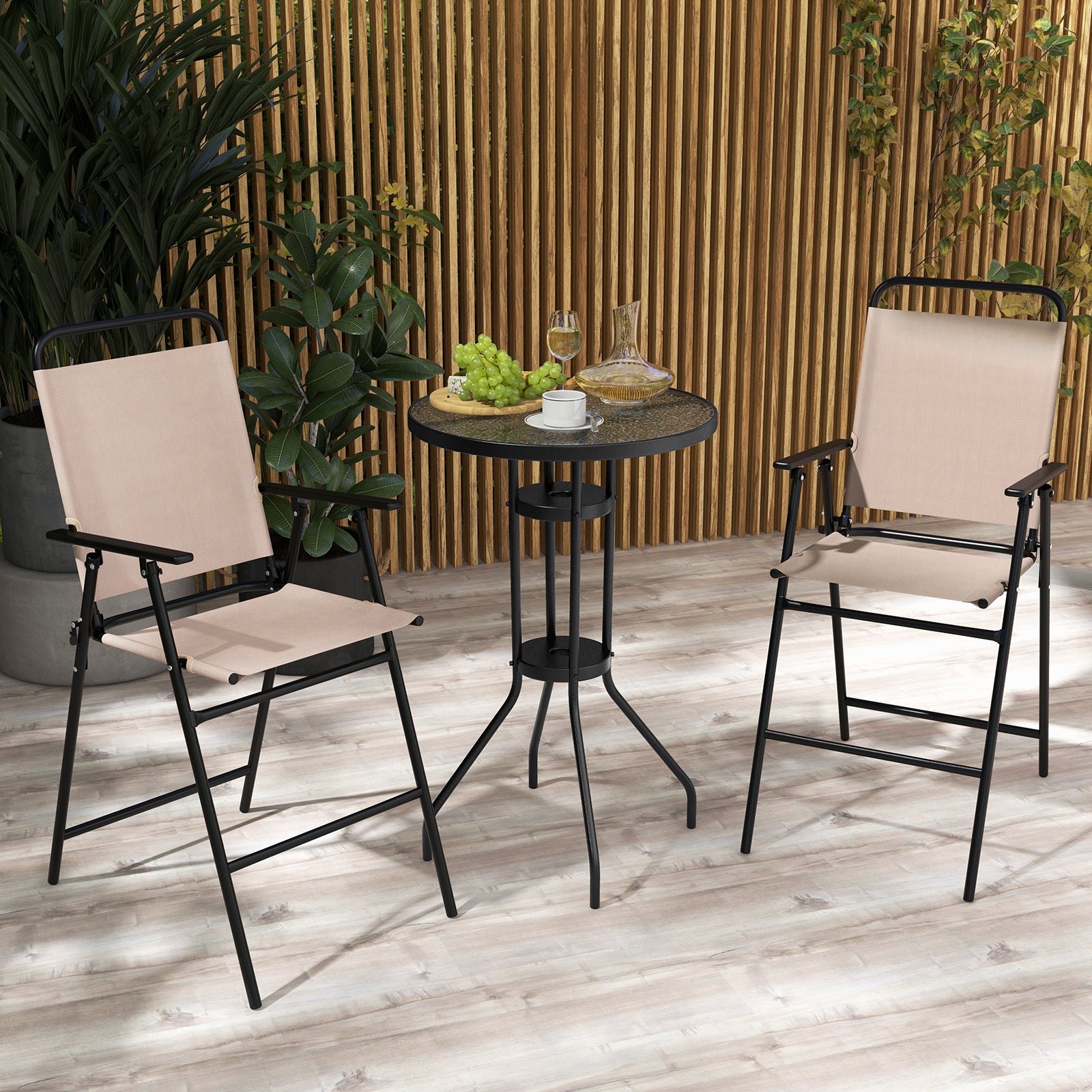 3 PCS Outdoor Bistro Set Patio Bar Table with 2 Folding Chairs-Beige