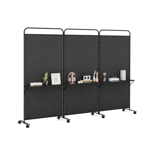 3-Panel Folding Room Divider Rolling Privacy Screen with 3 Metal Shelves-Black