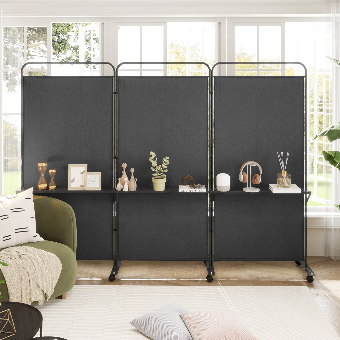 3-Panel Folding Room Divider Rolling Privacy Screen with 3 Metal Shelves-Black