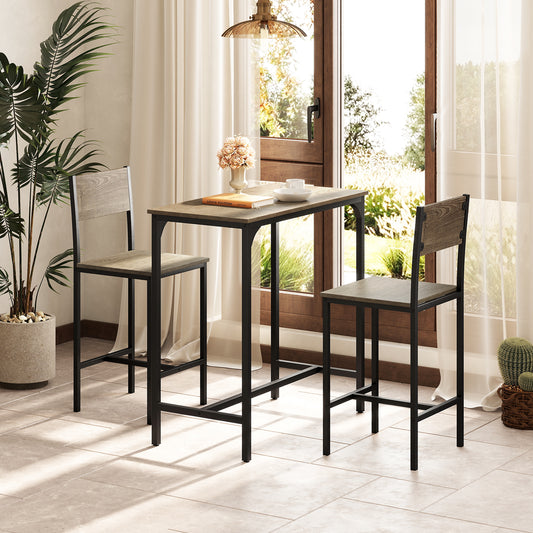 3 Piece Bar Table Set with Pub Dining Table and 2 Bar Stoolsfor Small Space-Grey