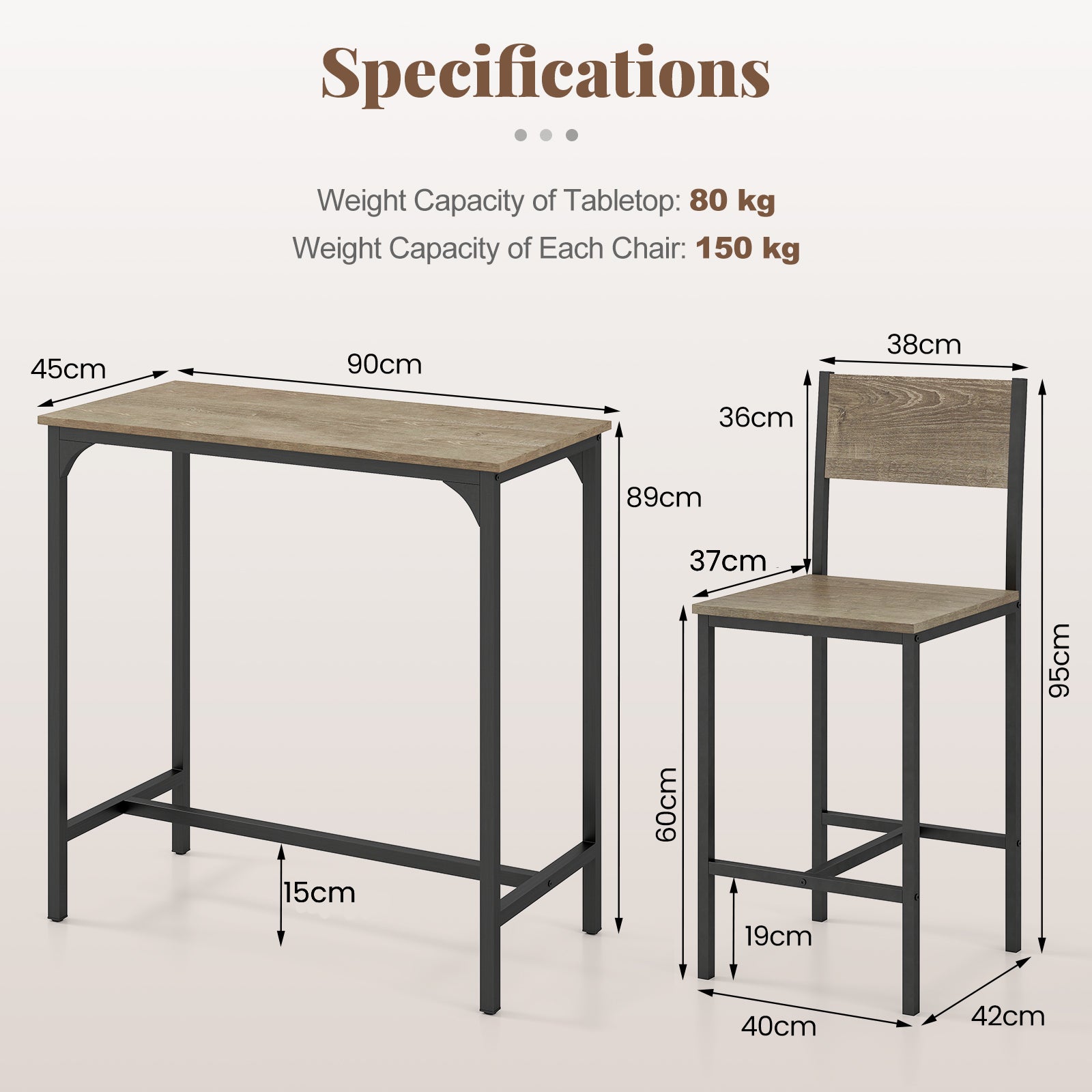 3 Piece Bar Table Set with Pub Dining Table and 2 Bar Stoolsfor Small Space-Grey
