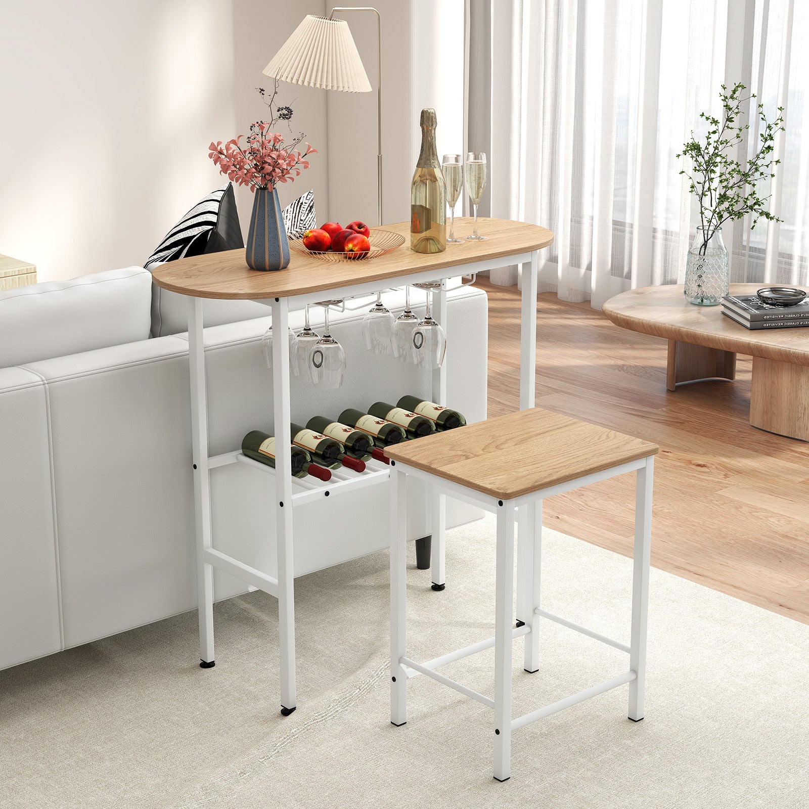 3 Piece Counter Height Table Set Oval Dining Table and 2 Stools-Natural