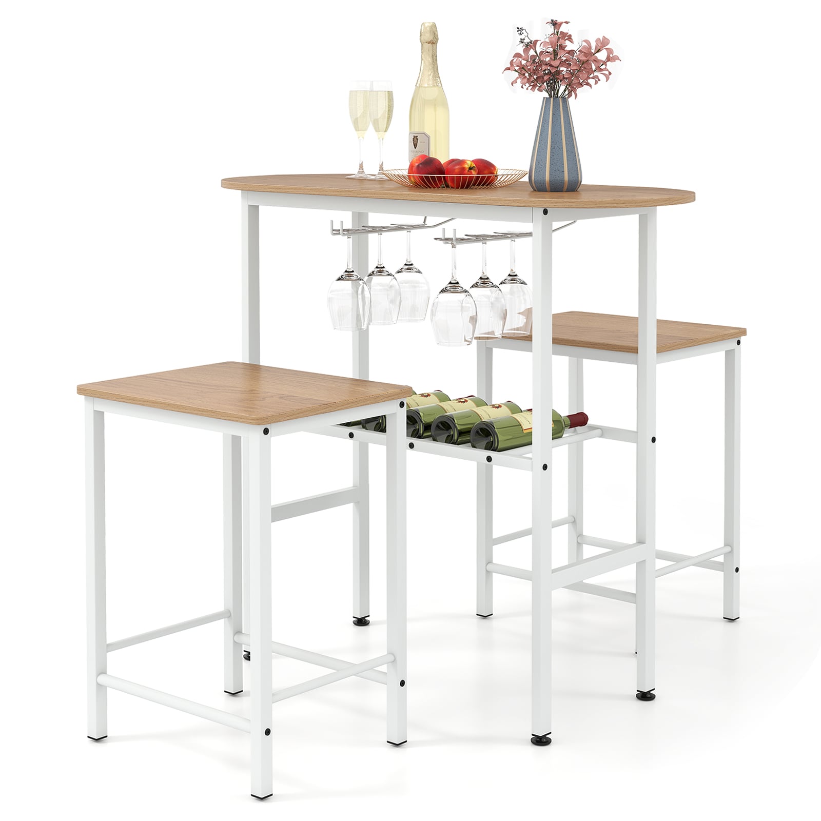 3 Piece Counter Height Table Set Oval Dining Table and 2 Stools-Natural