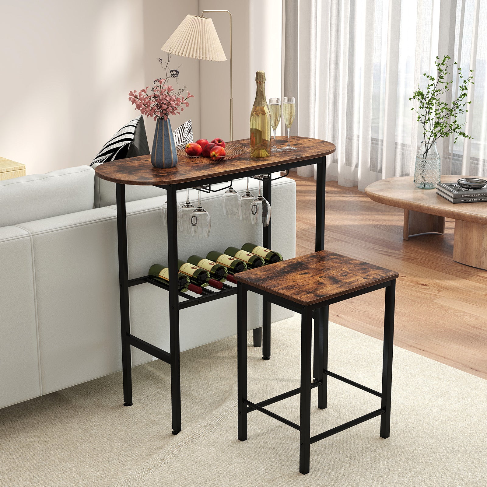 3 Piece Counter Height Table Set Oval Dining Table and 2 Stools-Rustic Brown