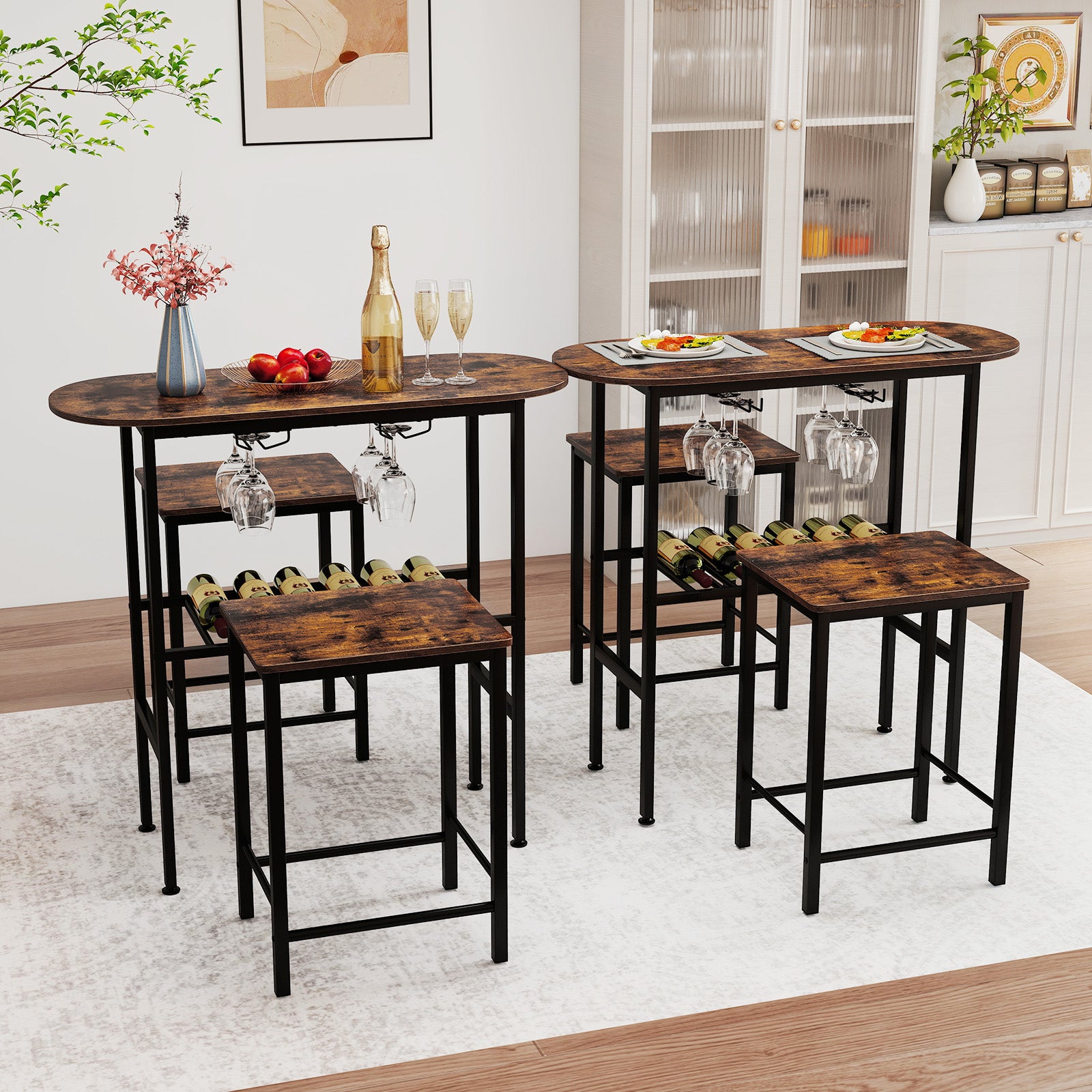 3 Piece Counter Height Table Set Oval Dining Table and 2 Stools-Rustic Brown