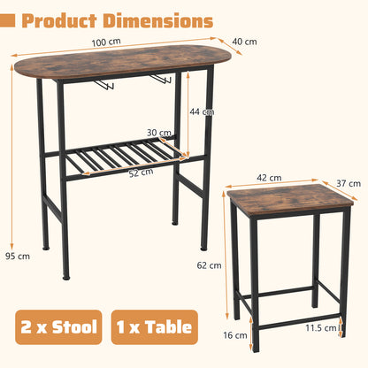 3 Piece Counter Height Table Set Oval Dining Table and 2 Stools-Rustic Brown