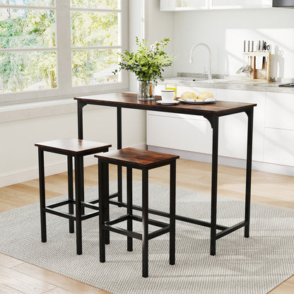 3-Piece Dining Table Set with High Top Rectangular Pub Table and Chairs-Rustic Brown