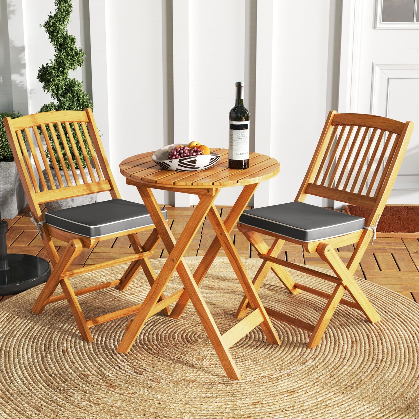 3 Piece Folding Bistro Set with Cushions for Patio-Grey