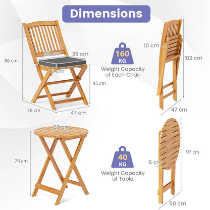 3 Piece Folding Bistro Set with Cushions for Patio-Grey