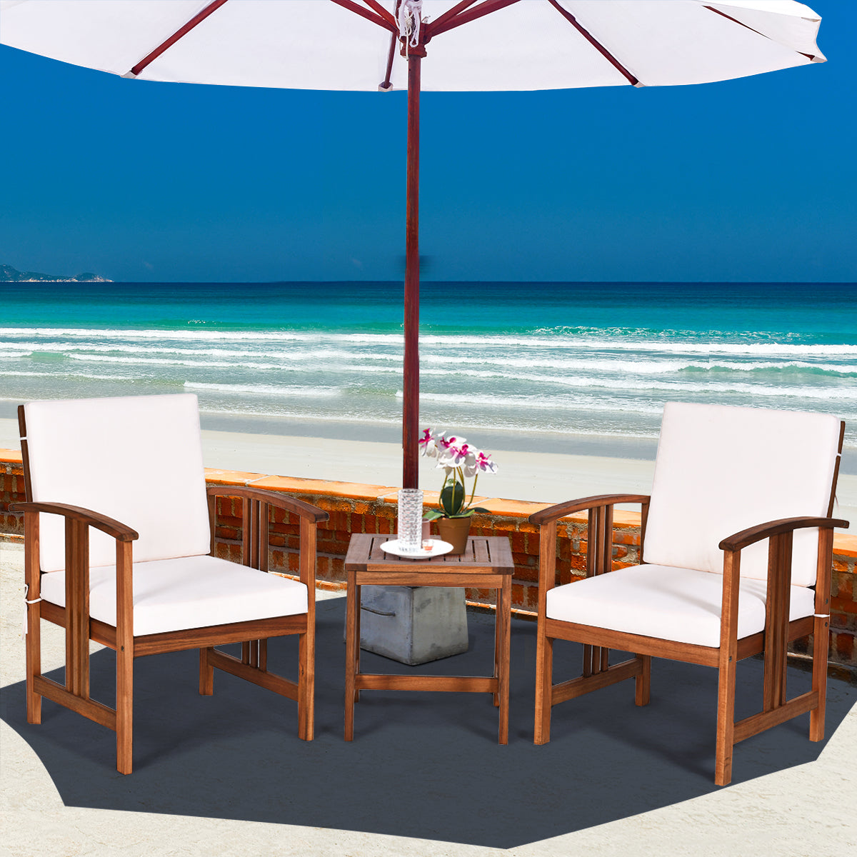 3-Piece Outdoor Acacia Wood Sofa Set with Cushions-White