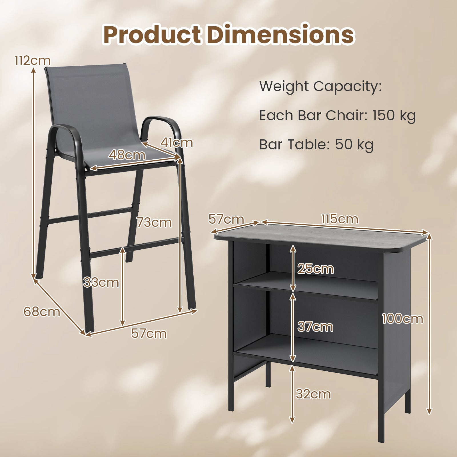 3 Piece Outdoor Bar Table and Chairs Set with Breathable Fabric-Grey