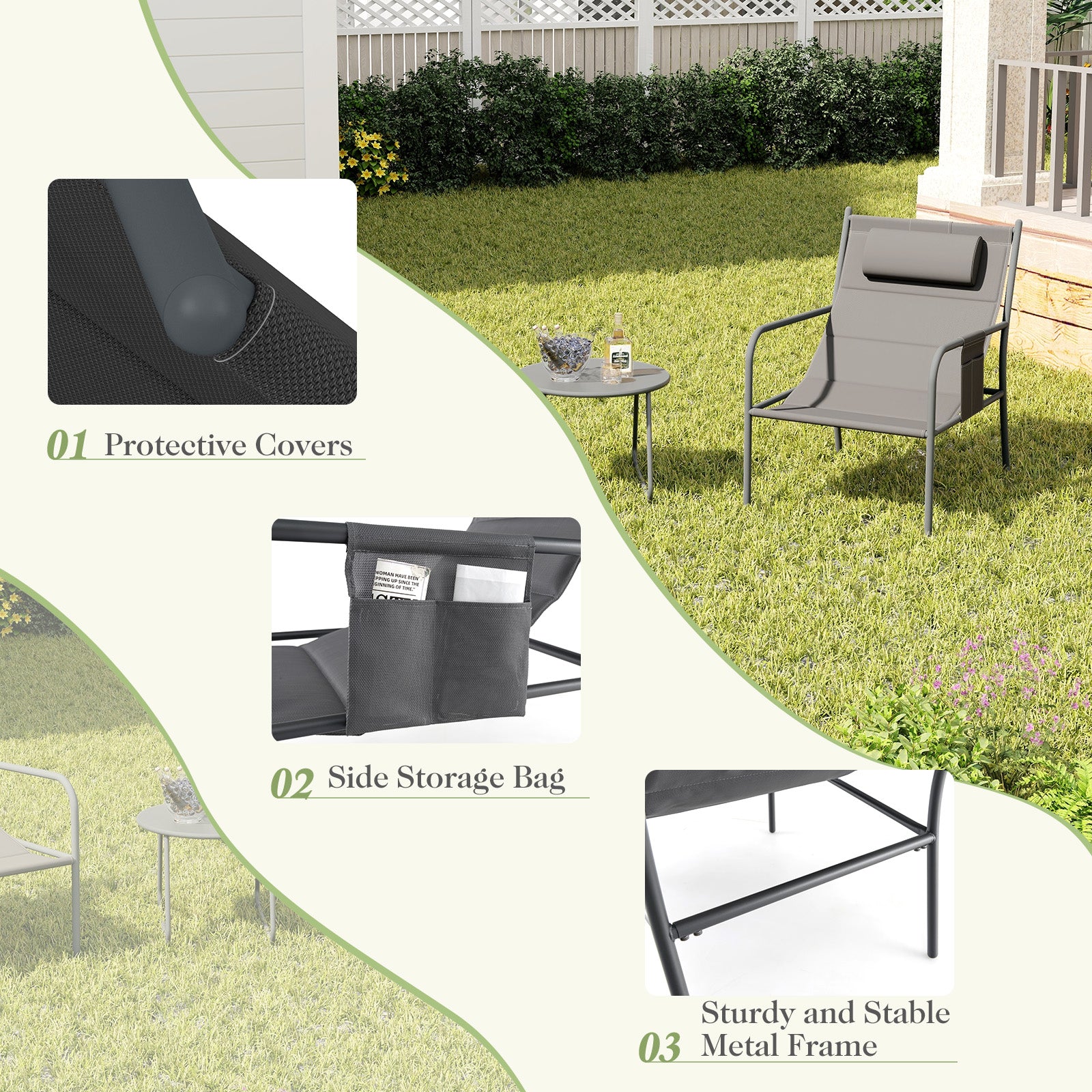 3 Piece Outdoor Bistro Set with Chair and Coffee Table Set-Grey