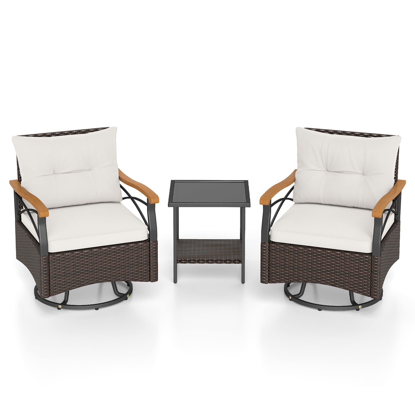 3 Piece Outdoor Swivel Chair Set Patio Wicker Rotating Chairs with Table-White