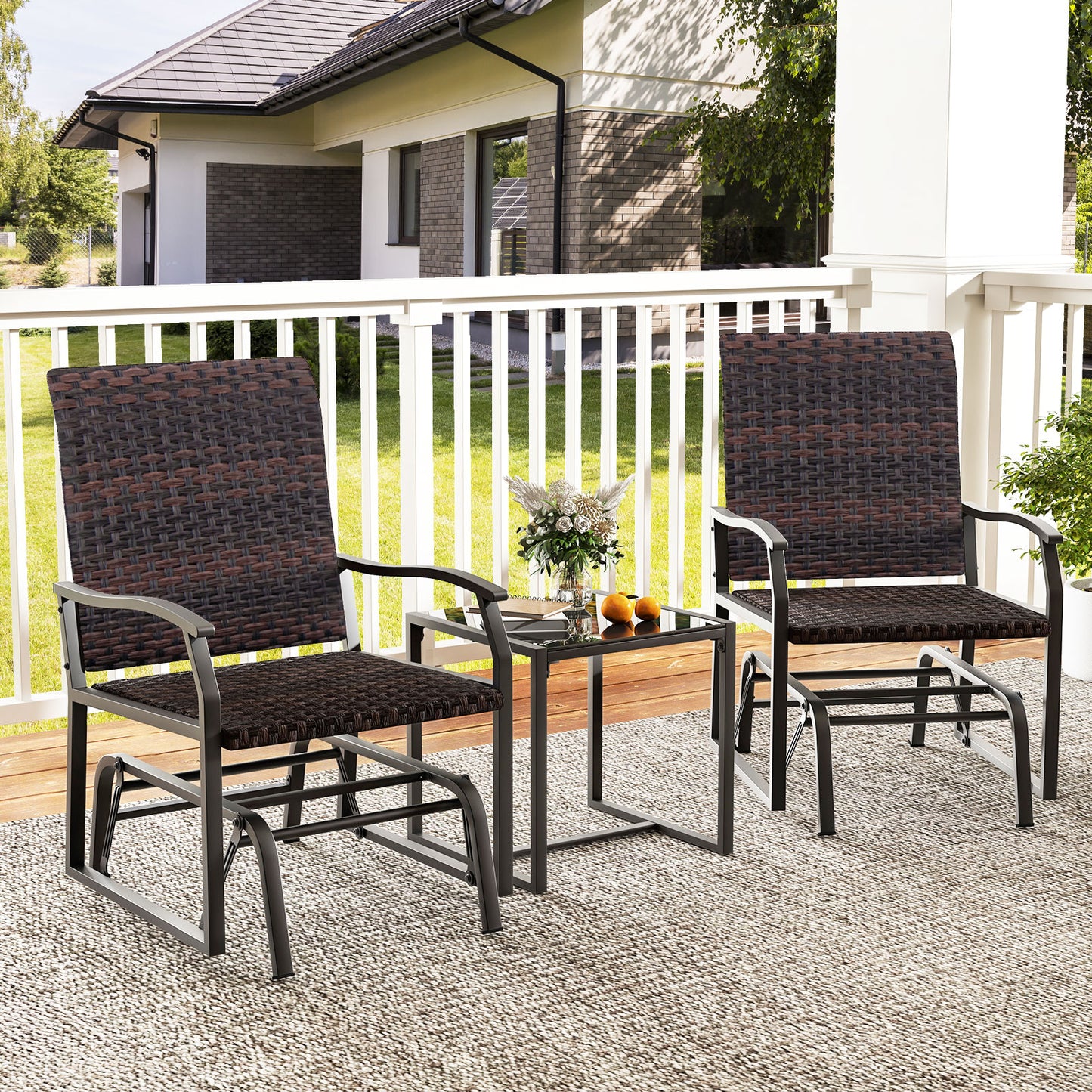 3 Piece Patio Gliding Set with Tempered Glass Coffee Table-Brown