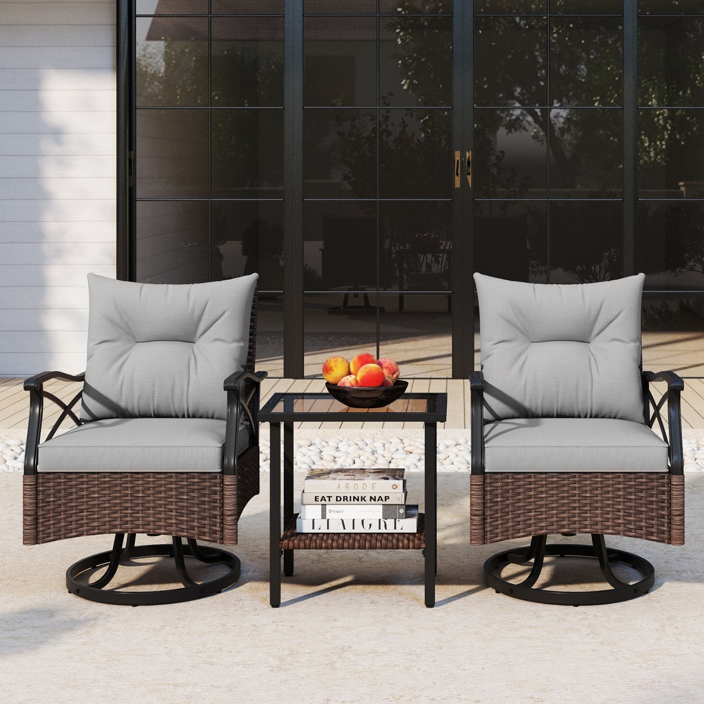 3 Piece Patio Swivel Rocker Set with 2-Tier Coffee Table-Grey