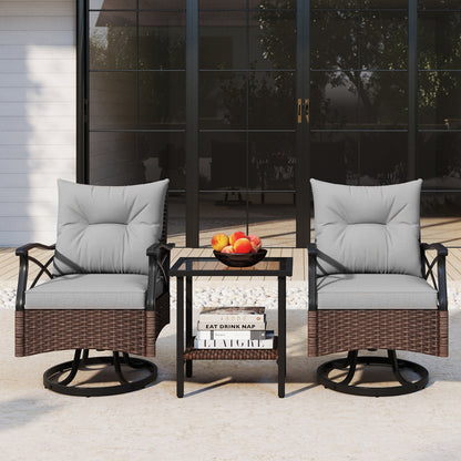 3 Piece Patio Swivel Rocker Set with 2-Tier Coffee Table-Grey