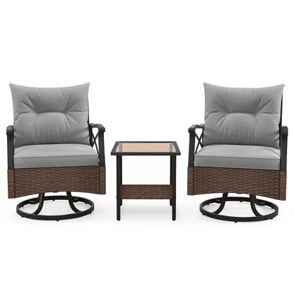 3 Piece Patio Swivel Rocker Set with 2-Tier Coffee Table-Grey