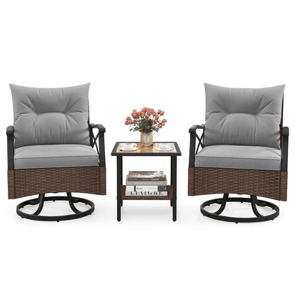 3 Piece Patio Swivel Rocker Set with 2-Tier Coffee Table-Grey