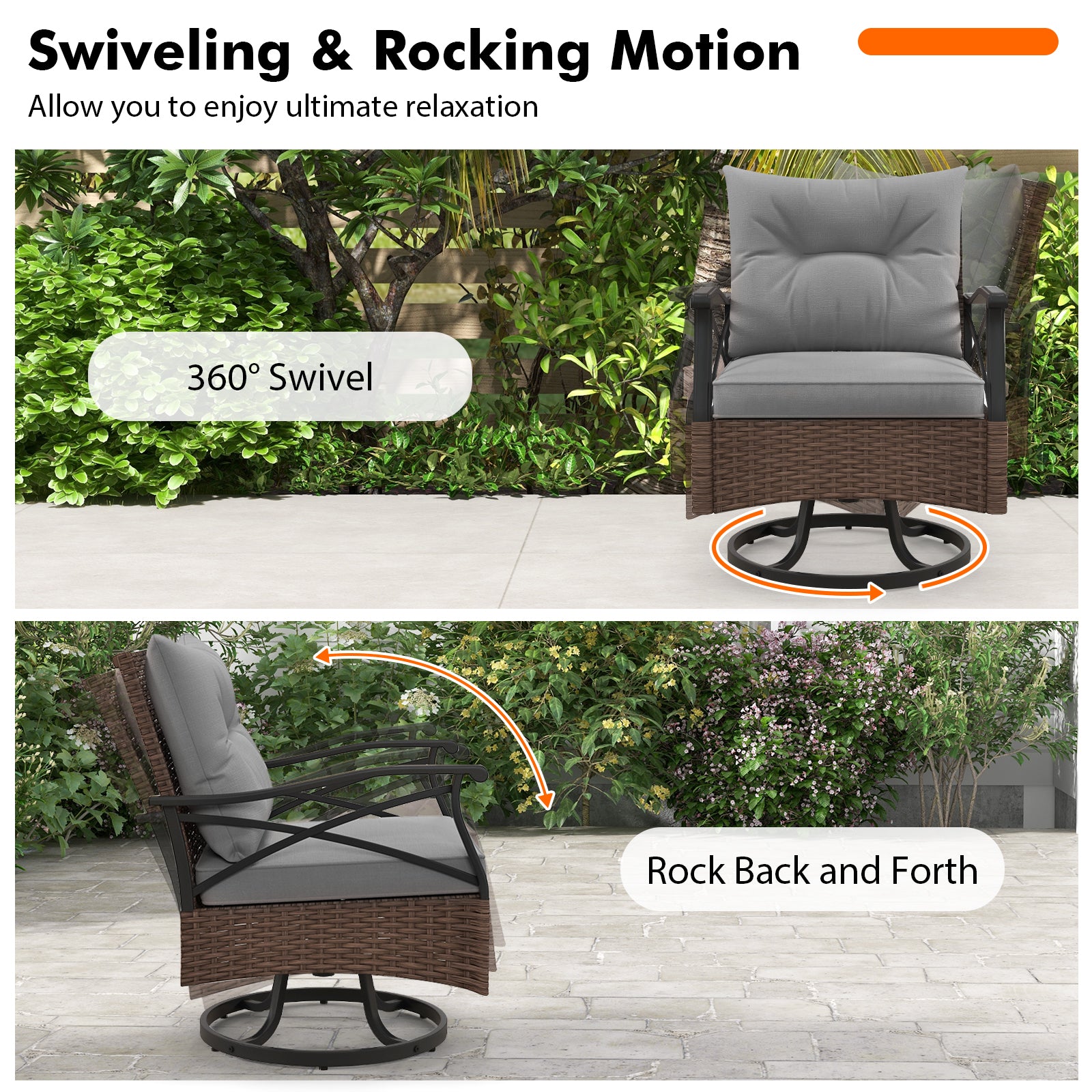 3 Piece Patio Swivel Rocker Set with 2-Tier Coffee Table-Grey