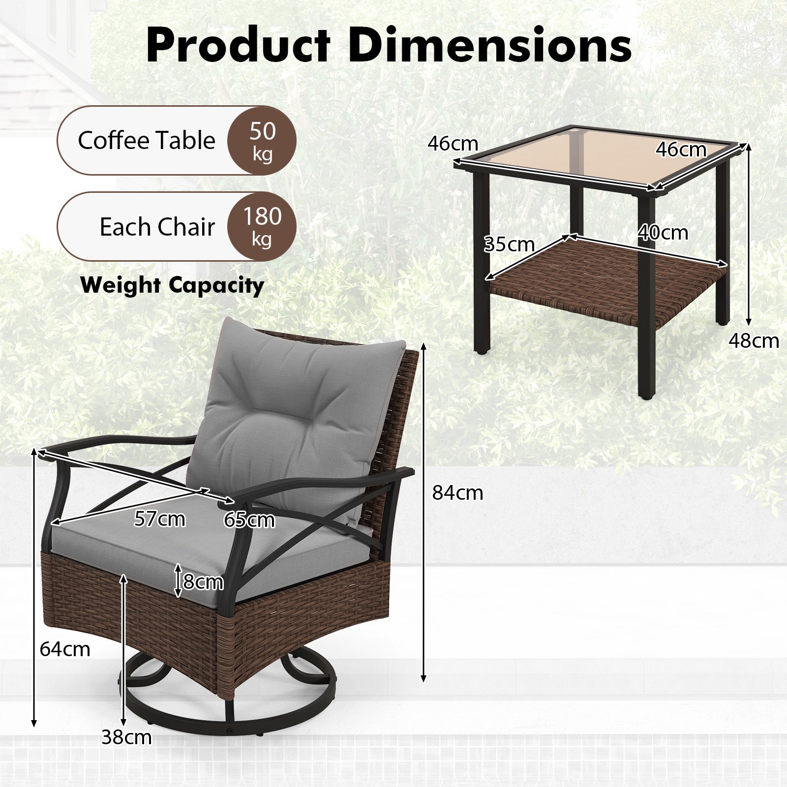 3 Piece Patio Swivel Rocker Set with 2-Tier Coffee Table-Grey