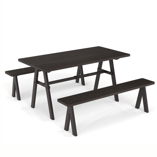 3 Pieces Outdoor Picnic Table and Benches Set for 6 People with 49MM Umbrella Hole-Dark Brown