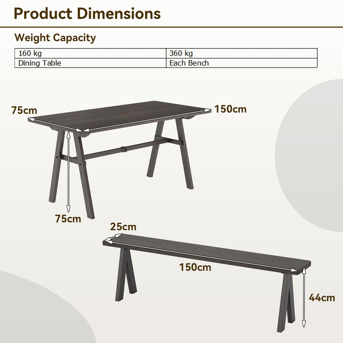 3 Pieces Outdoor Picnic Table and Benches Set for 6 People with 49MM Umbrella Hole-Dark Brown