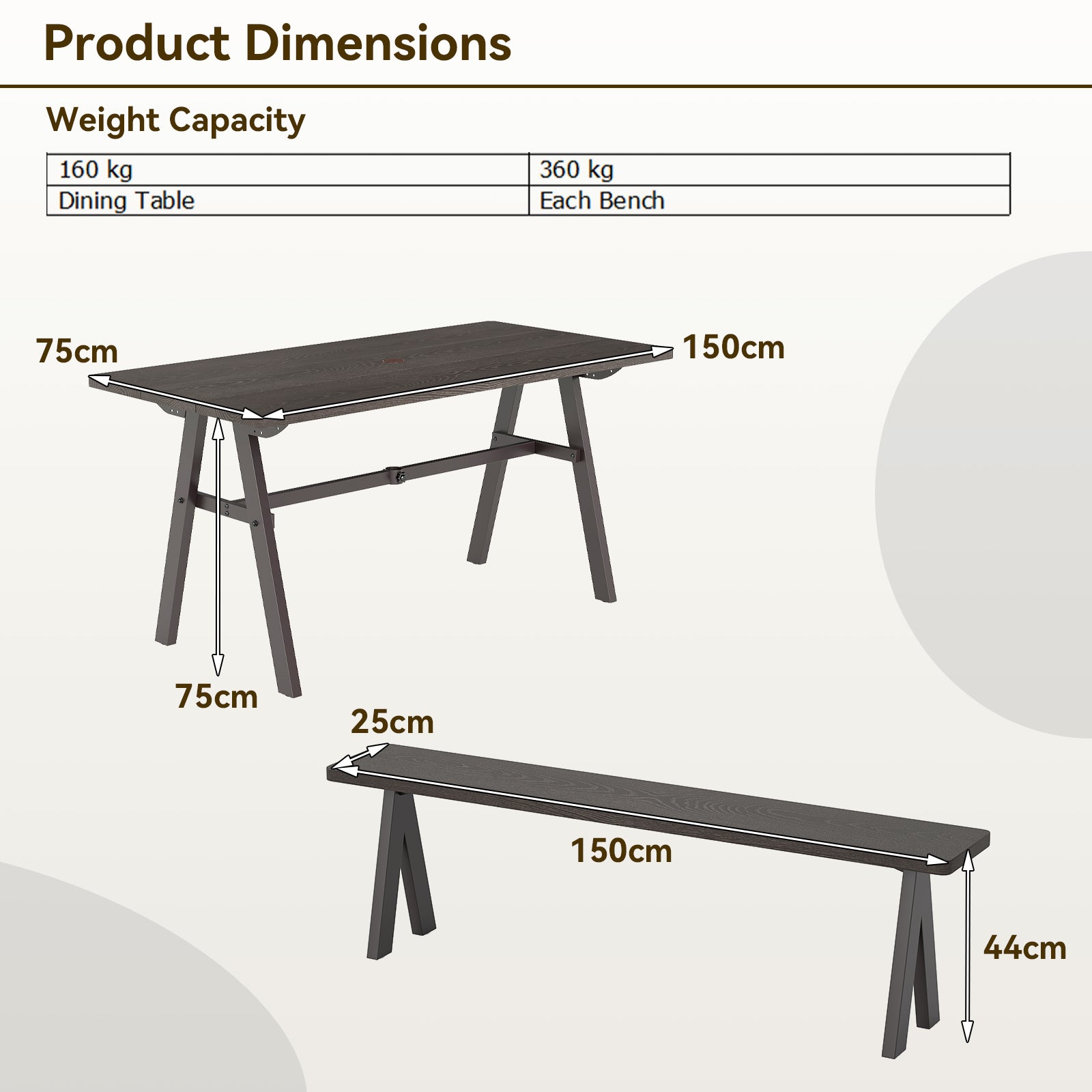3 Pieces Outdoor Picnic Table and Benches Set for 6 People with 49MM Umbrella Hole-Dark Brown