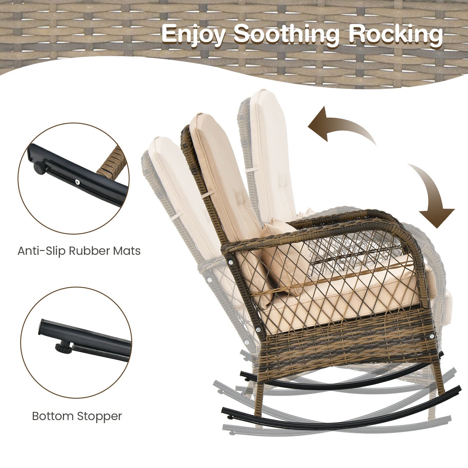 3 Piece Outdoor Rocking Chair Set with Cozy Cushions and Pillow-Beige