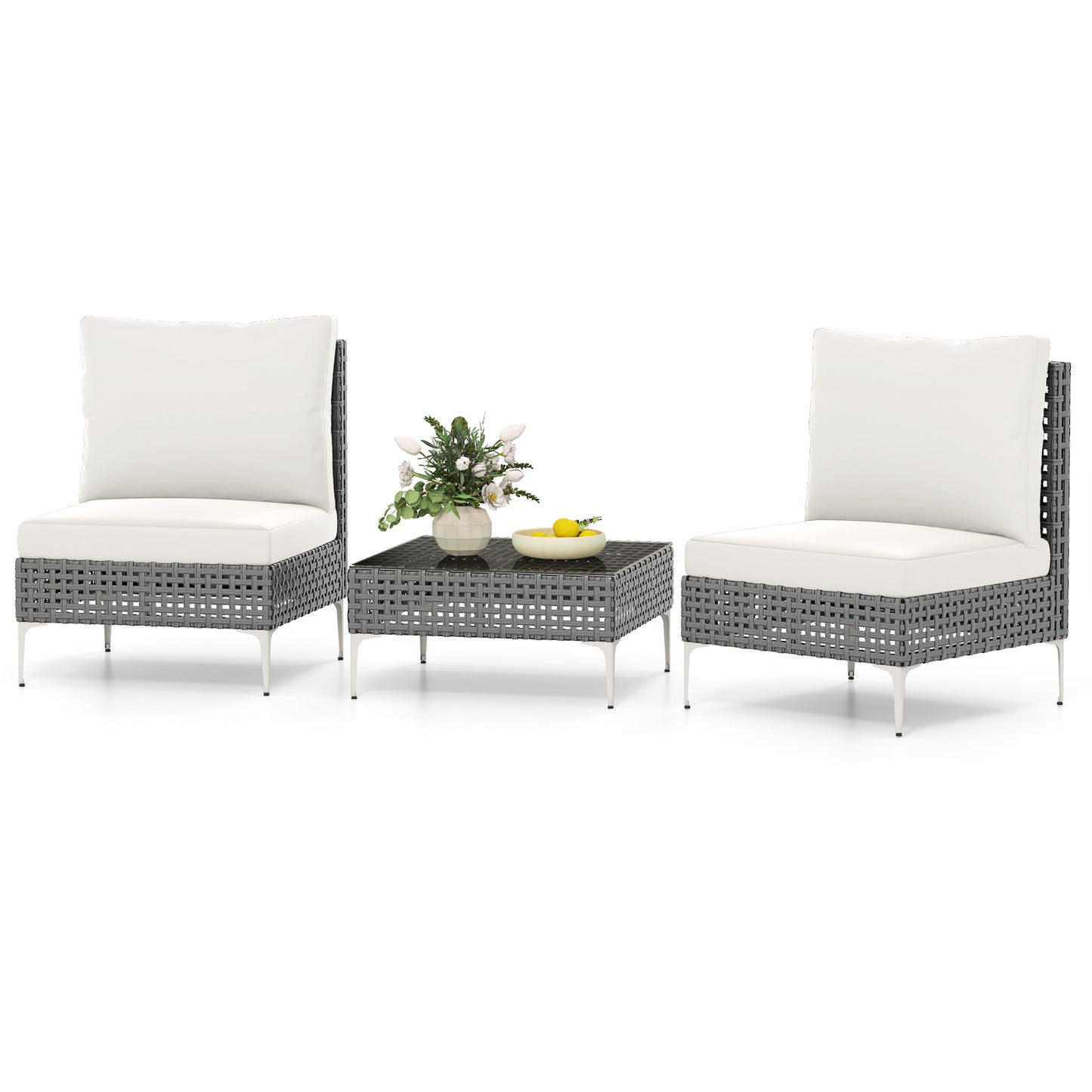 3 Pieces PE Rattan Conversation Chairs with Tempered Glass Coffee Table for Garden Porch-White