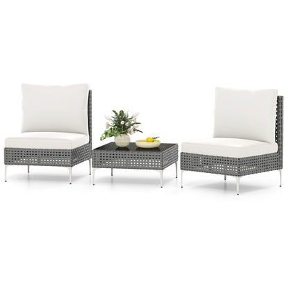 3 Pieces PE Rattan Conversation Chairs with Tempered Glass Coffee Table for Garden Porch-White