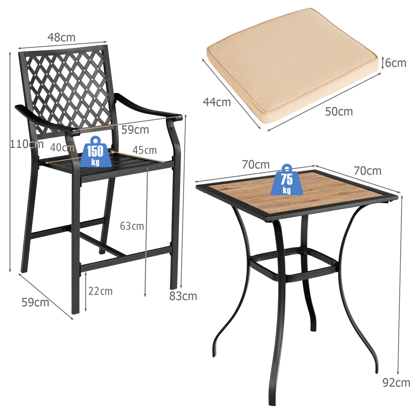 3 Pieces Patio Bar Set with High-Density Seat Cushions