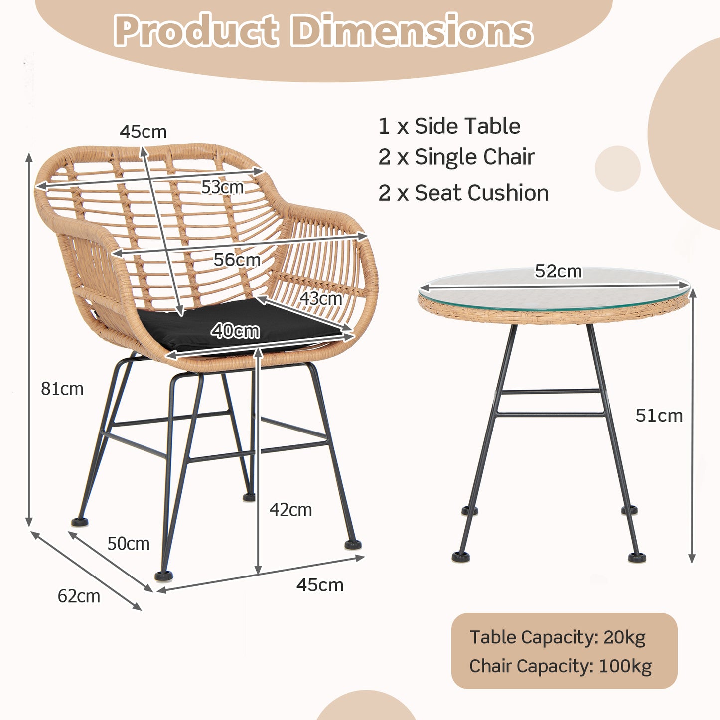 3 Pieces Patio Bistro Set with White Fabric Replacements-Black