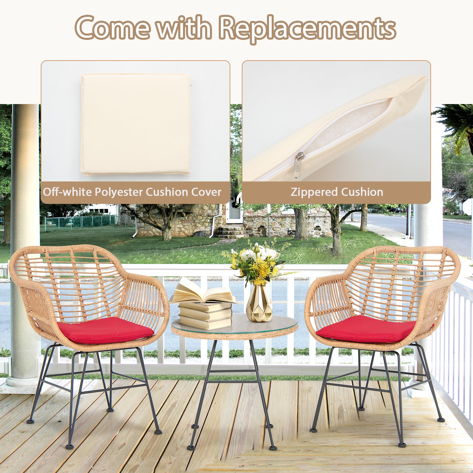 3 Pieces Patio Bistro Set with White Fabric Replacements-Red