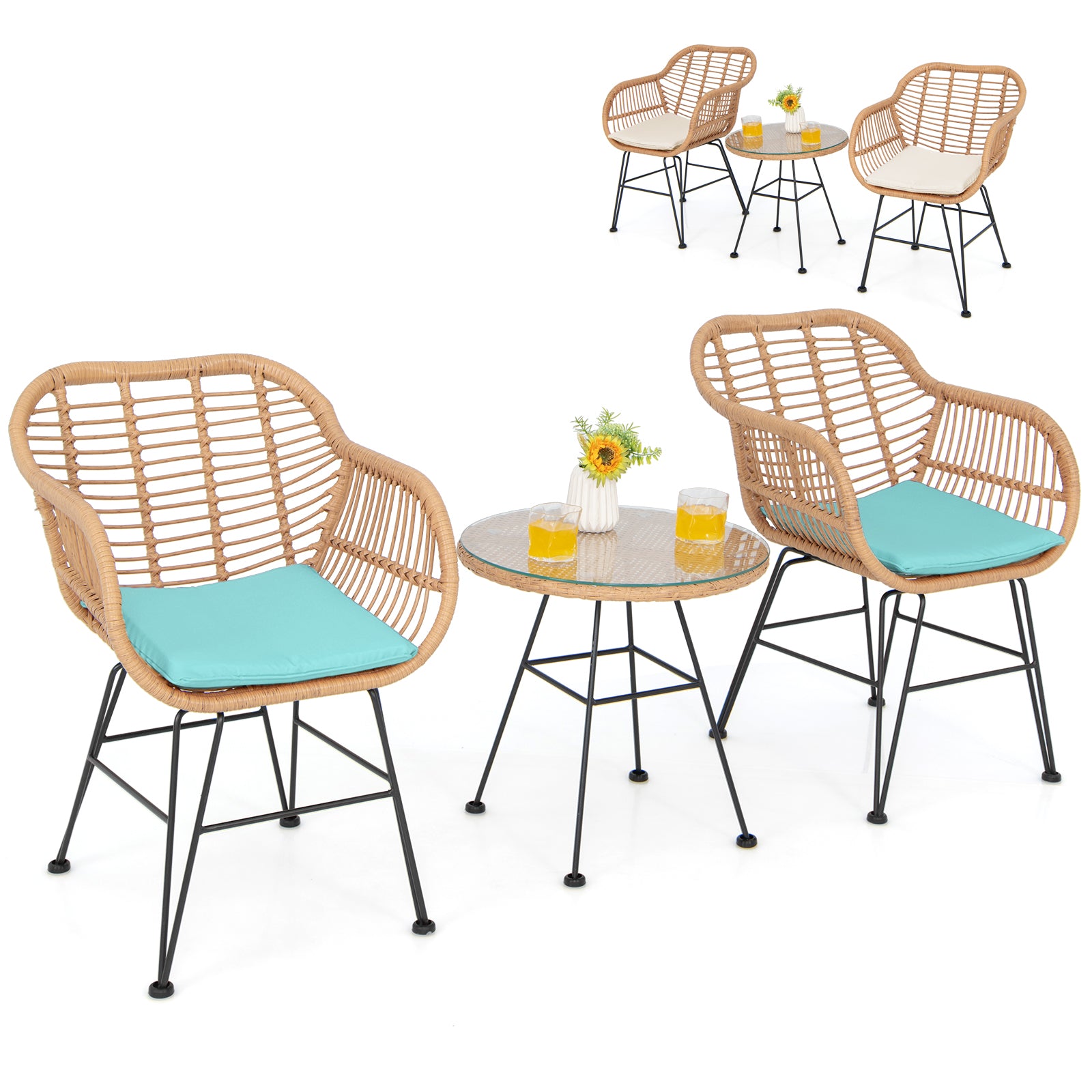 3 Pieces Patio Bistro Set with White Fabric Replacements-Turquoise
