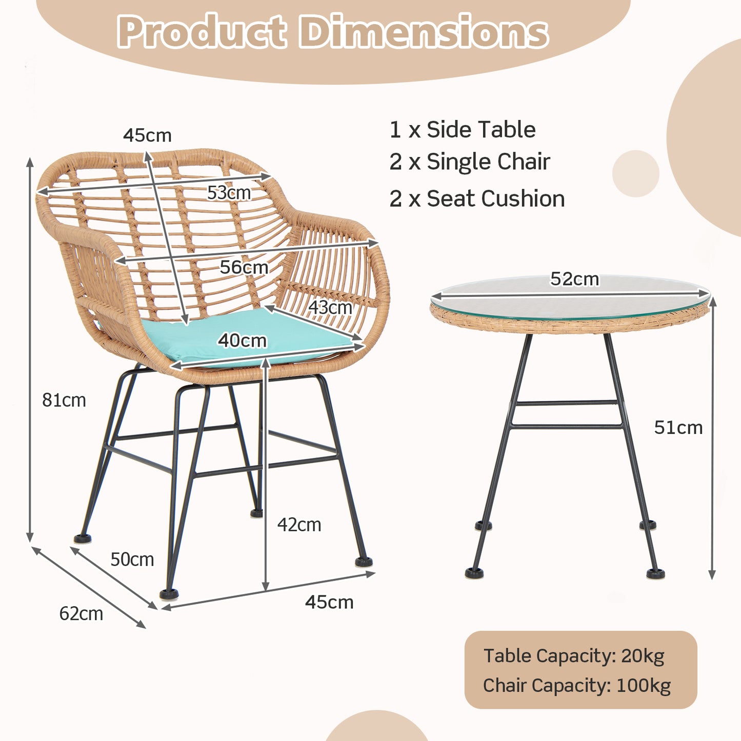 3 Pieces Patio Bistro Set with White Fabric Replacements-Turquoise