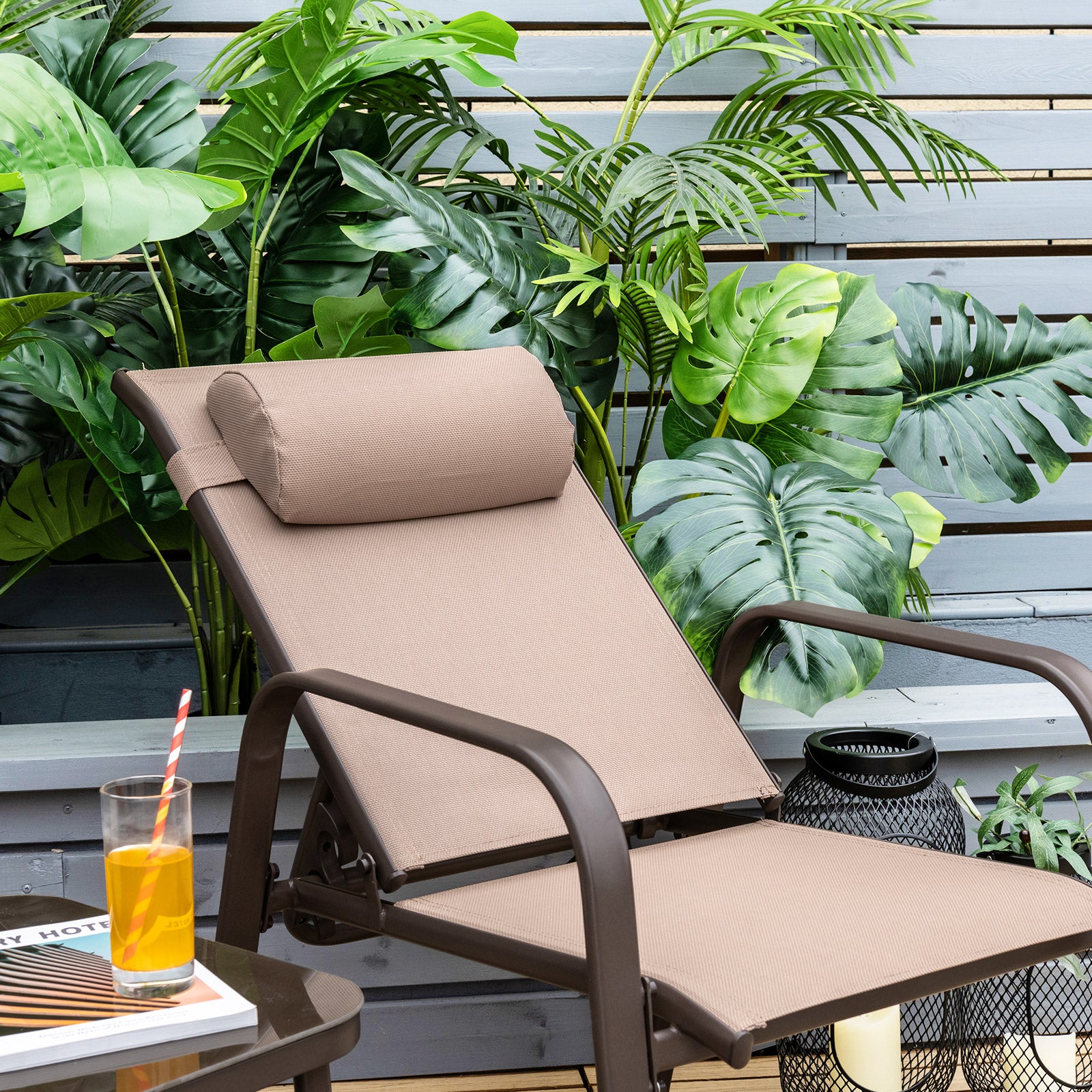 3 Pieces Patio Bistro Set with Coffee Table and 2 Stackable Chairs-Brown