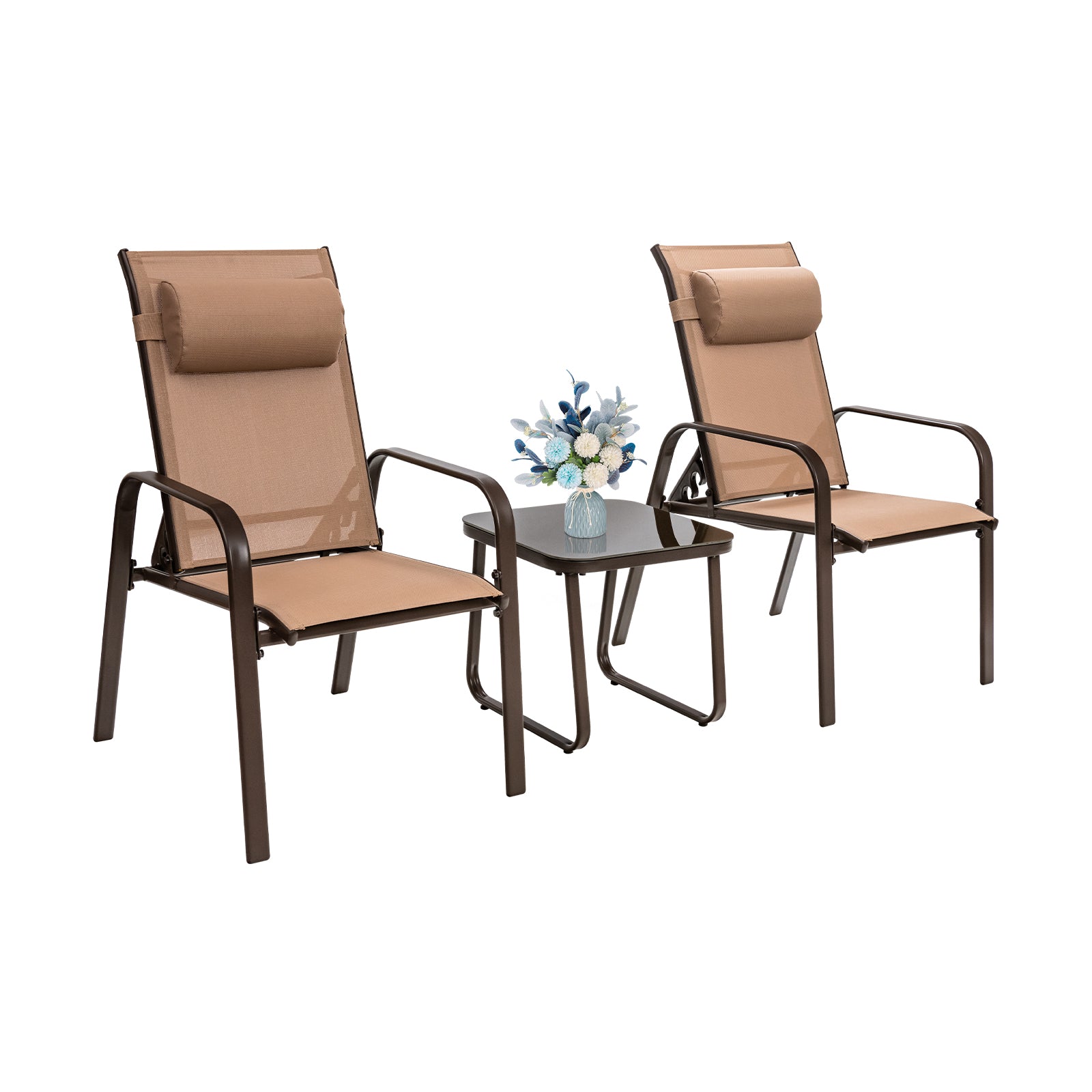 3 Pieces Patio Bistro Set with Coffee Table and 2 Stackable Chairs-Brown