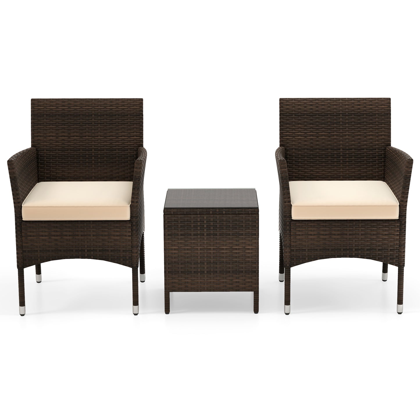 3 Pieces Patio Rattan Furniture Set with Soft Cushions and Glass Top Table-Beige