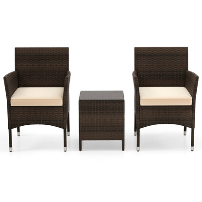 3 Pieces Patio Rattan Furniture Set with Soft Cushions and Glass Top Table-Beige