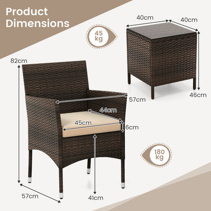 3 Pieces Patio Rattan Furniture Set with Soft Cushions and Glass Top Table-Beige