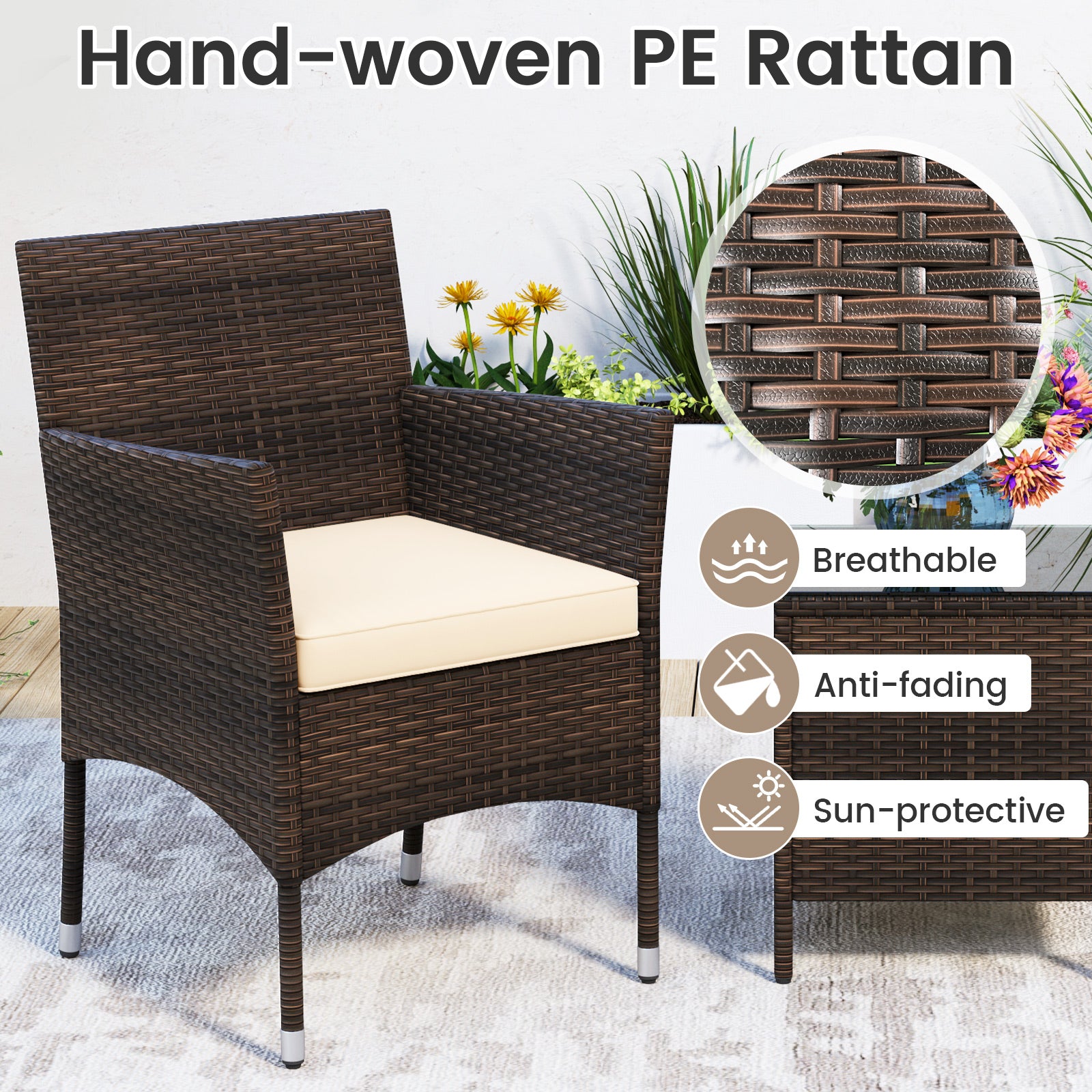 3 Pieces Patio Rattan Furniture Set with Soft Cushions and Glass Top Table-Beige