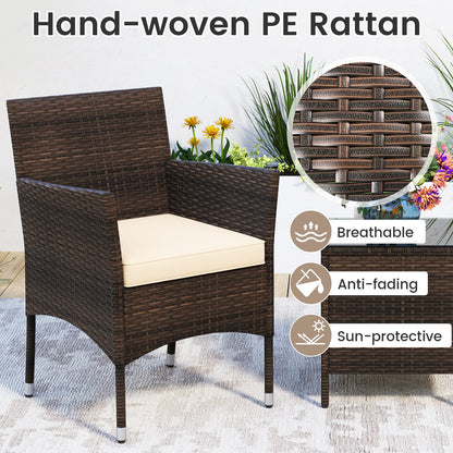 3 Pieces Patio Rattan Furniture Set with Soft Cushions and Glass Top Table-Beige
