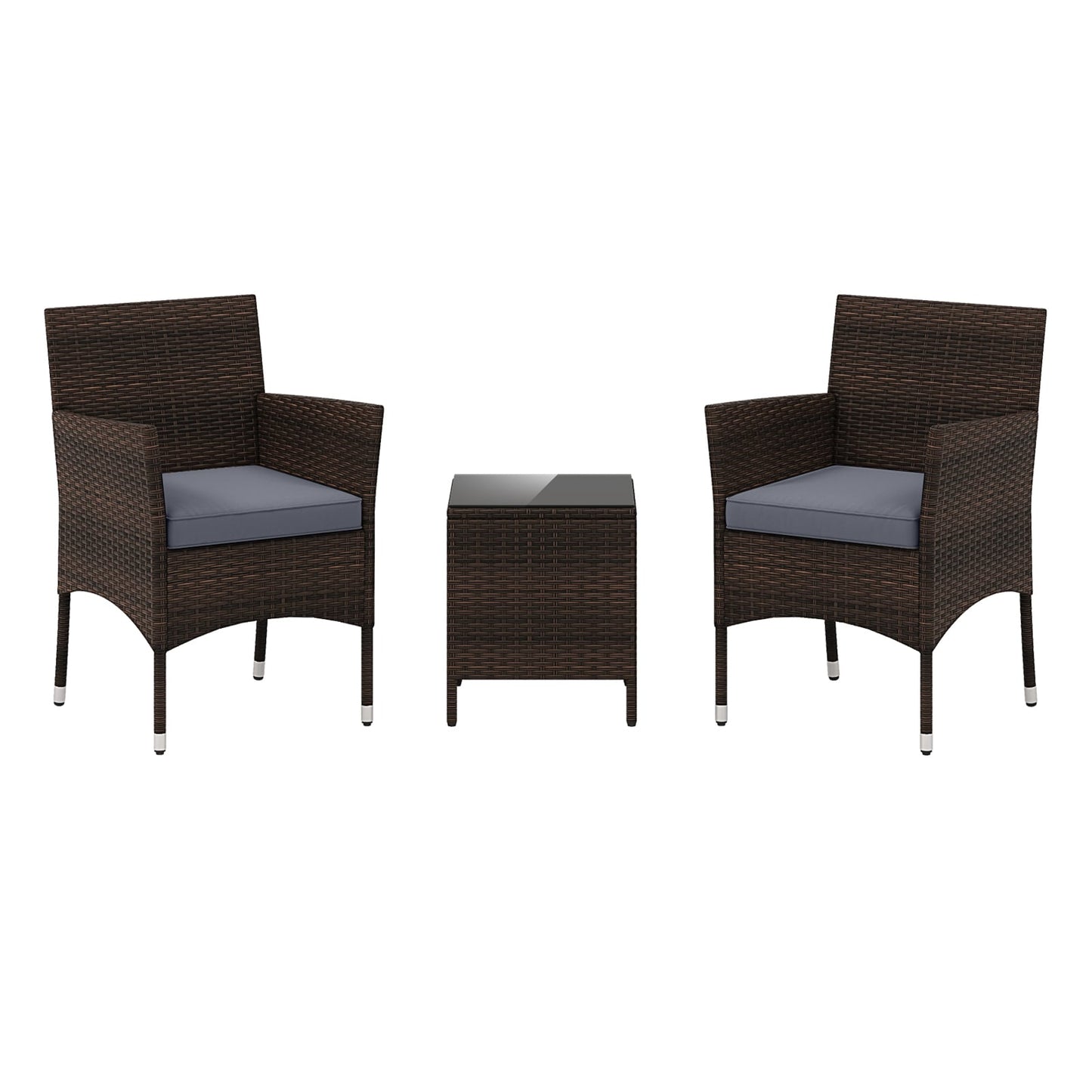 3 Pieces Patio Rattan Furniture Set with Soft Cushions and Glass Top Table-Grey